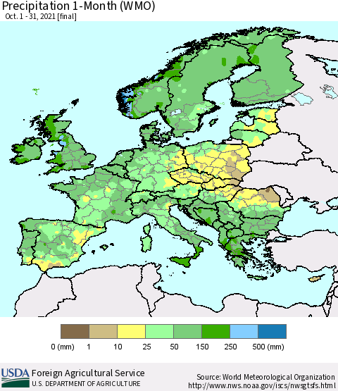 Europe Precipitation 1-Month (WMO) Thematic Map For 10/1/2021 - 10/31/2021