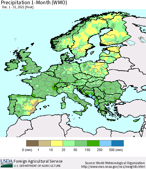 Europe Precipitation 1-Month (WMO) Thematic Map For 12/1/2021 - 12/31/2021