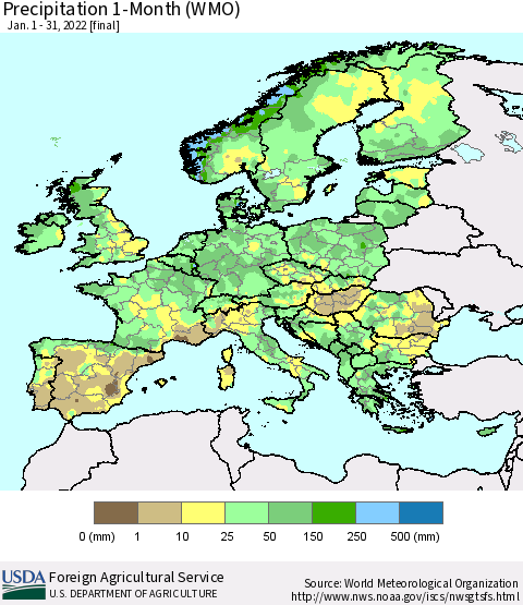Europe Precipitation 1-Month (WMO) Thematic Map For 1/1/2022 - 1/31/2022