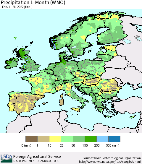 Europe Precipitation 1-Month (WMO) Thematic Map For 2/1/2022 - 2/28/2022