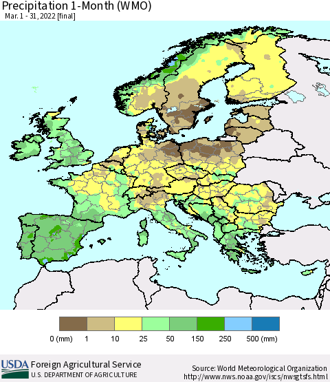 Europe Precipitation 1-Month (WMO) Thematic Map For 3/1/2022 - 3/31/2022