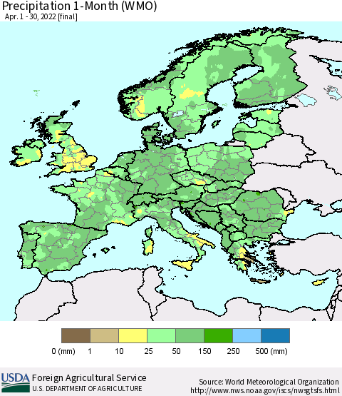Europe Precipitation 1-Month (WMO) Thematic Map For 4/1/2022 - 4/30/2022