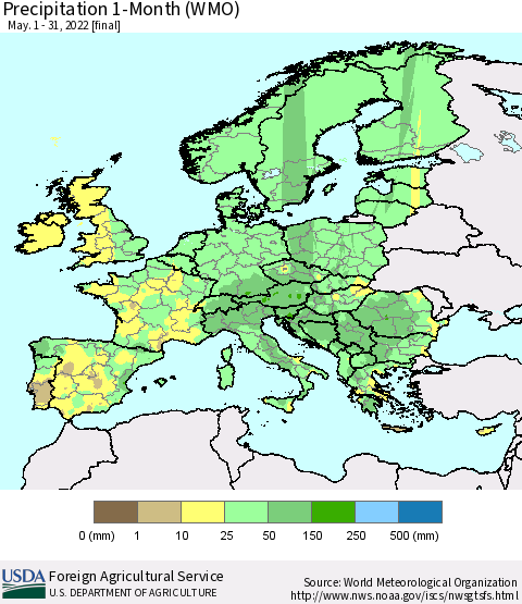 Europe Precipitation 1-Month (WMO) Thematic Map For 5/1/2022 - 5/31/2022