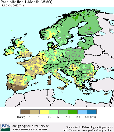 Europe Precipitation 1-Month (WMO) Thematic Map For 7/1/2022 - 7/31/2022