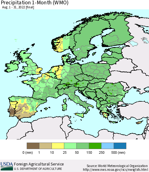 Europe Precipitation 1-Month (WMO) Thematic Map For 8/1/2022 - 8/31/2022