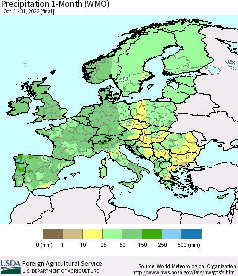 Europe Precipitation 1-Month (WMO) Thematic Map For 10/1/2022 - 10/31/2022