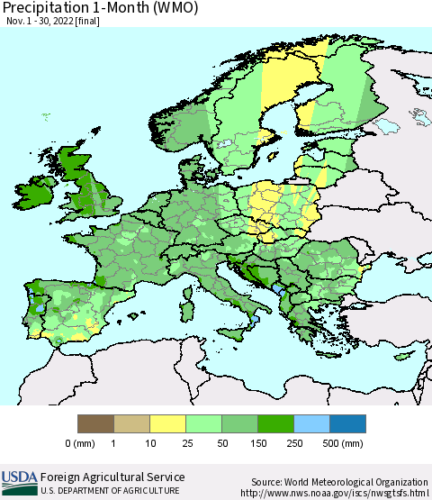 Europe Precipitation 1-Month (WMO) Thematic Map For 11/1/2022 - 11/30/2022