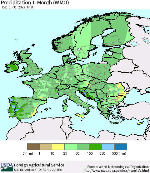 Europe Precipitation 1-Month (WMO) Thematic Map For 12/1/2022 - 12/31/2022