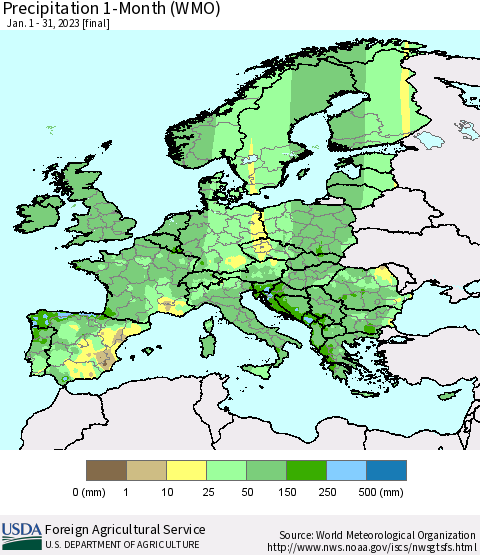 Europe Precipitation 1-Month (WMO) Thematic Map For 1/1/2023 - 1/31/2023