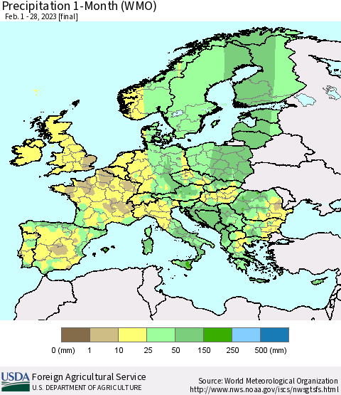 Europe Precipitation 1-Month (WMO) Thematic Map For 2/1/2023 - 2/28/2023