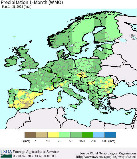 Europe Precipitation 1-Month (WMO) Thematic Map For 3/1/2023 - 3/31/2023