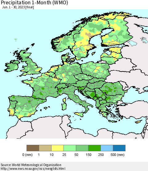 Europe Precipitation 1-Month (WMO) Thematic Map For 6/1/2023 - 6/30/2023