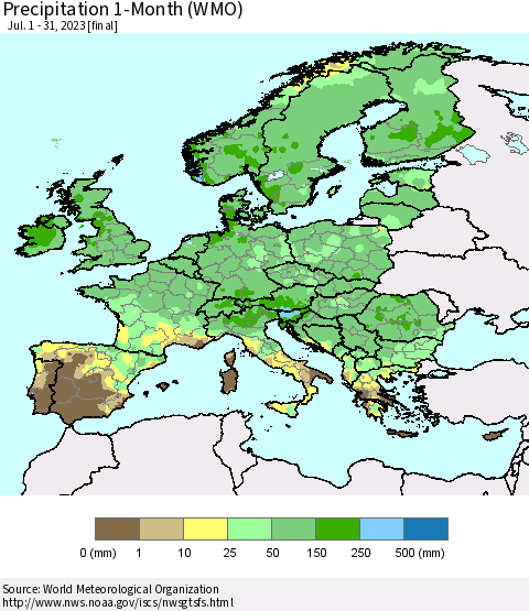Europe Precipitation 1-Month (WMO) Thematic Map For 7/1/2023 - 7/31/2023