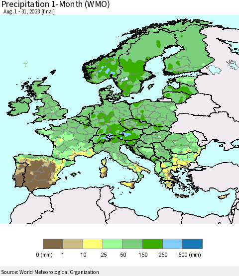 Europe Precipitation 1-Month (WMO) Thematic Map For 8/1/2023 - 8/31/2023