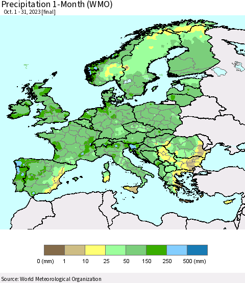 Europe Precipitation 1-Month (WMO) Thematic Map For 10/1/2023 - 10/31/2023