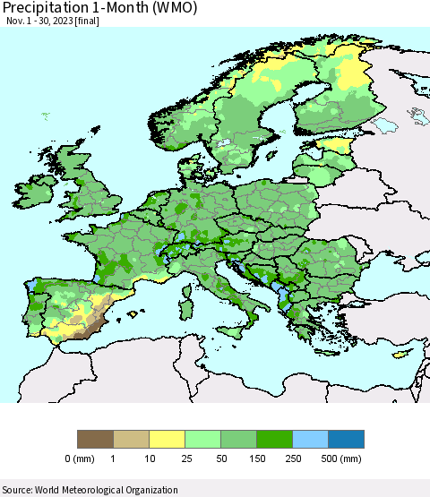 Europe Precipitation 1-Month (WMO) Thematic Map For 11/1/2023 - 11/30/2023