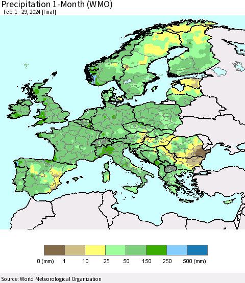 Europe Precipitation 1-Month (WMO) Thematic Map For 2/1/2024 - 2/29/2024