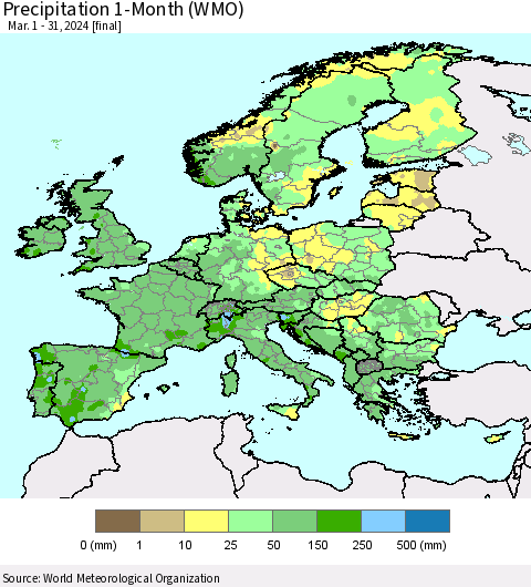 Europe Precipitation 1-Month (WMO) Thematic Map For 3/1/2024 - 3/31/2024