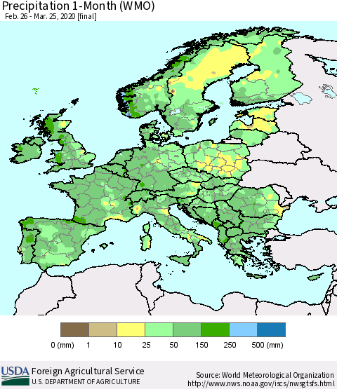 Europe Precipitation 1-Month (WMO) Thematic Map For 2/26/2020 - 3/25/2020