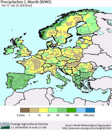 Europe Precipitation 1-Month (WMO) Thematic Map For 3/11/2020 - 4/10/2020