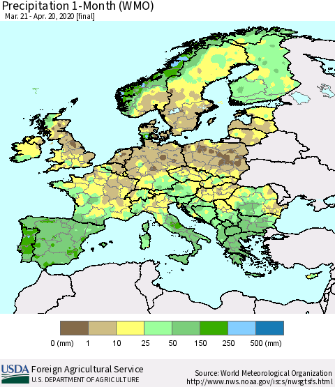 Europe Precipitation 1-Month (WMO) Thematic Map For 3/21/2020 - 4/20/2020