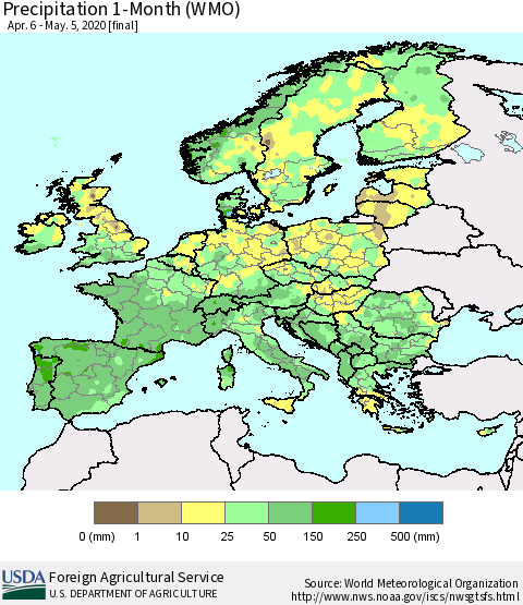 Europe Precipitation 1-Month (WMO) Thematic Map For 4/6/2020 - 5/5/2020