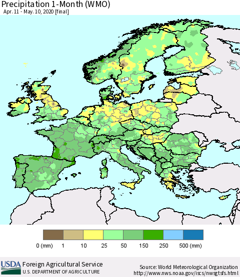 Europe Precipitation 1-Month (WMO) Thematic Map For 4/11/2020 - 5/10/2020