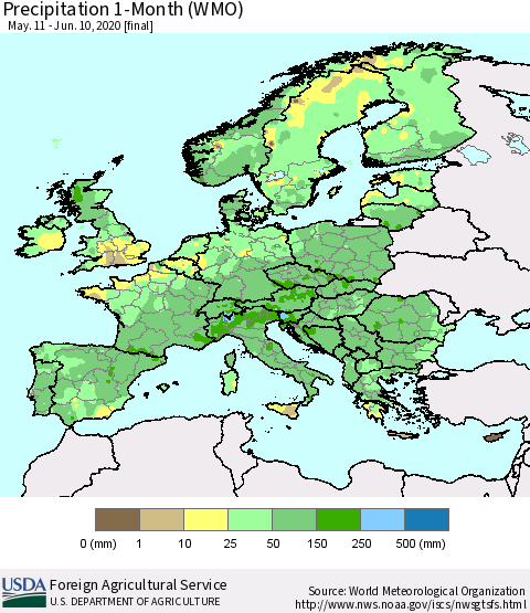 Europe Precipitation 1-Month (WMO) Thematic Map For 5/11/2020 - 6/10/2020