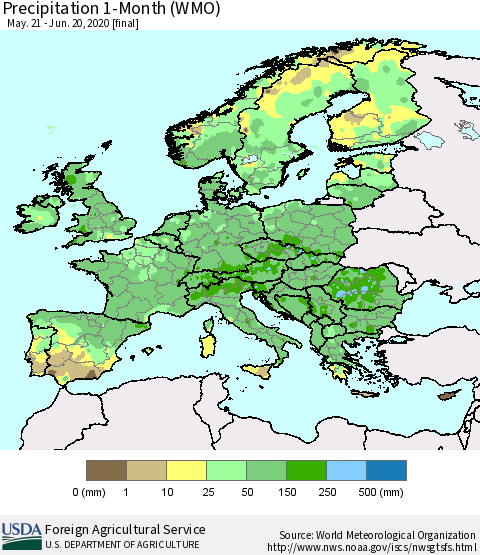 Europe Precipitation 1-Month (WMO) Thematic Map For 5/21/2020 - 6/20/2020