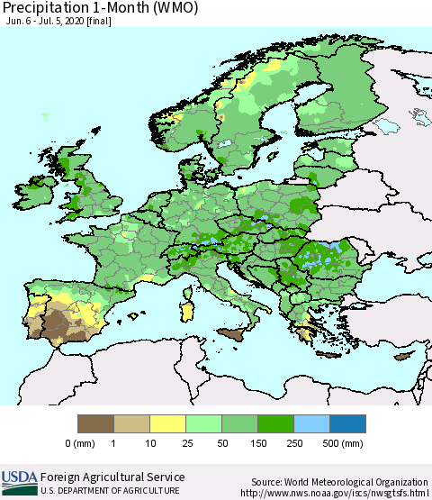 Europe Precipitation 1-Month (WMO) Thematic Map For 6/6/2020 - 7/5/2020