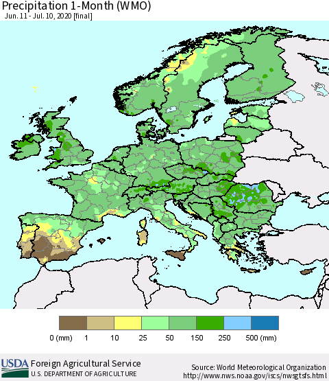 Europe Precipitation 1-Month (WMO) Thematic Map For 6/11/2020 - 7/10/2020