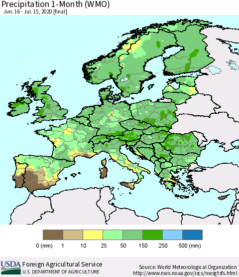 Europe Precipitation 1-Month (WMO) Thematic Map For 6/16/2020 - 7/15/2020