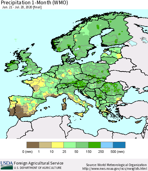 Europe Precipitation 1-Month (WMO) Thematic Map For 6/21/2020 - 7/20/2020
