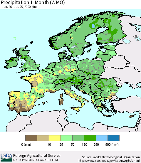 Europe Precipitation 1-Month (WMO) Thematic Map For 6/26/2020 - 7/25/2020