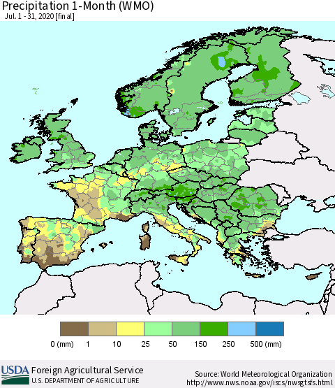 Europe Precipitation 1-Month (WMO) Thematic Map For 7/1/2020 - 7/31/2020