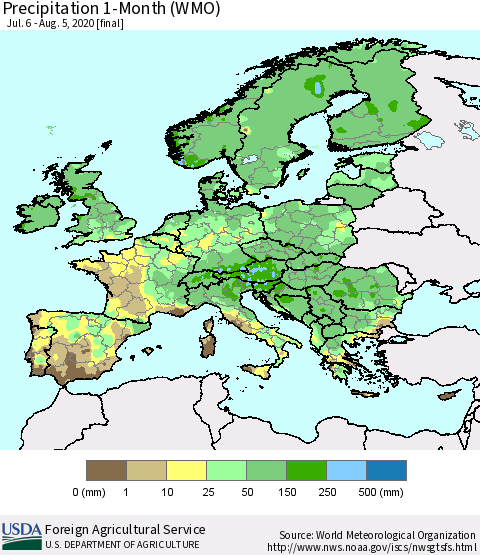 Europe Precipitation 1-Month (WMO) Thematic Map For 7/6/2020 - 8/5/2020