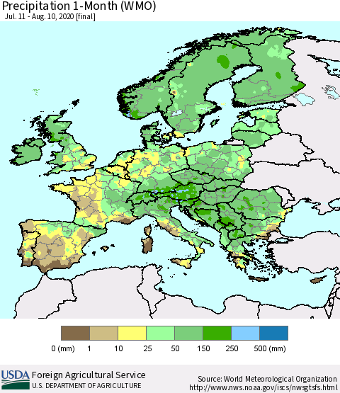 Europe Precipitation 1-Month (WMO) Thematic Map For 7/11/2020 - 8/10/2020
