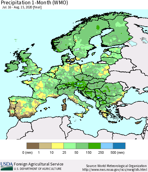 Europe Precipitation 1-Month (WMO) Thematic Map For 7/16/2020 - 8/15/2020