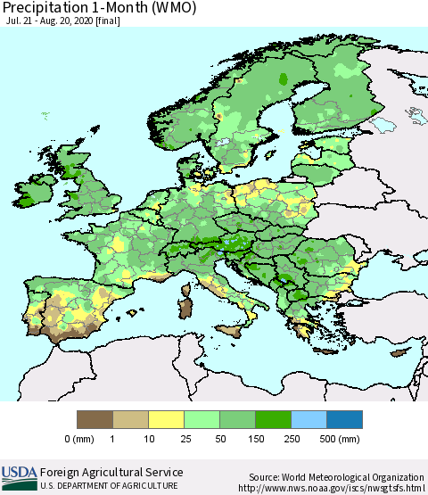 Europe Precipitation 1-Month (WMO) Thematic Map For 7/21/2020 - 8/20/2020