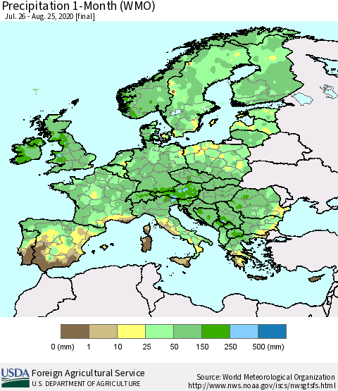 Europe Precipitation 1-Month (WMO) Thematic Map For 7/26/2020 - 8/25/2020