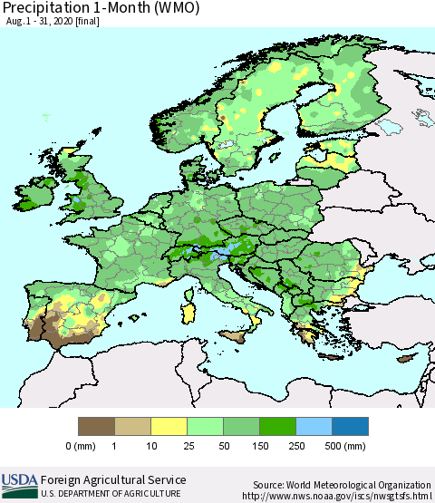 Europe Precipitation 1-Month (WMO) Thematic Map For 8/1/2020 - 8/31/2020