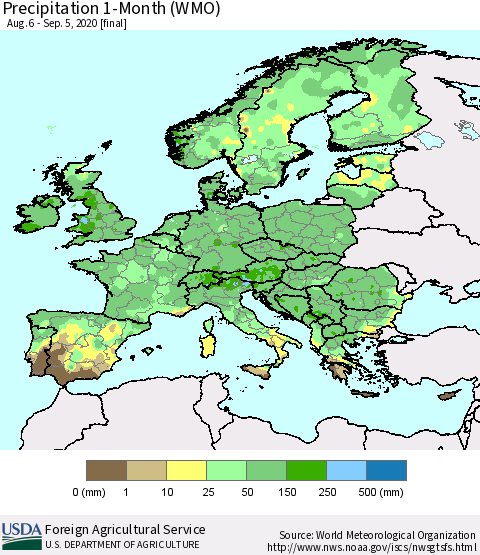 Europe Precipitation 1-Month (WMO) Thematic Map For 8/6/2020 - 9/5/2020