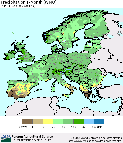 Europe Precipitation 1-Month (WMO) Thematic Map For 8/11/2020 - 9/10/2020