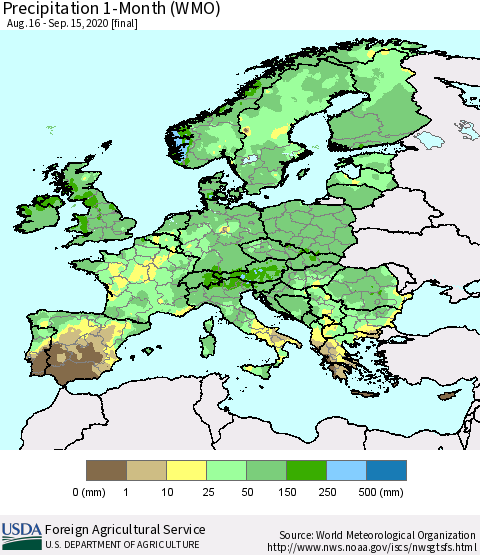 Europe Precipitation 1-Month (WMO) Thematic Map For 8/16/2020 - 9/15/2020