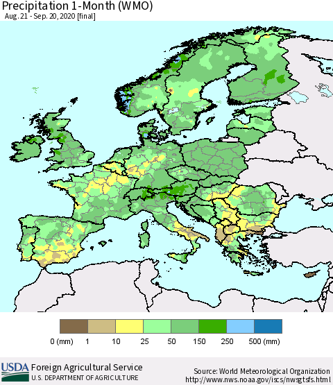 Europe Precipitation 1-Month (WMO) Thematic Map For 8/21/2020 - 9/20/2020