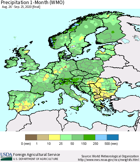 Europe Precipitation 1-Month (WMO) Thematic Map For 8/26/2020 - 9/25/2020