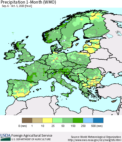 Europe Precipitation 1-Month (WMO) Thematic Map For 9/6/2020 - 10/5/2020