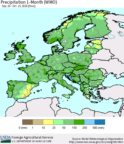 Europe Precipitation 1-Month (WMO) Thematic Map For 9/26/2020 - 10/25/2020