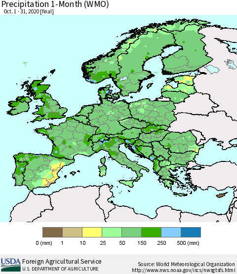 Europe Precipitation 1-Month (WMO) Thematic Map For 10/1/2020 - 10/31/2020