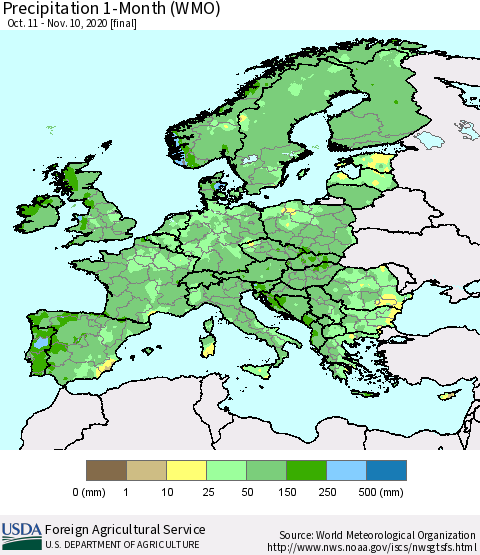 Europe Precipitation 1-Month (WMO) Thematic Map For 10/11/2020 - 11/10/2020